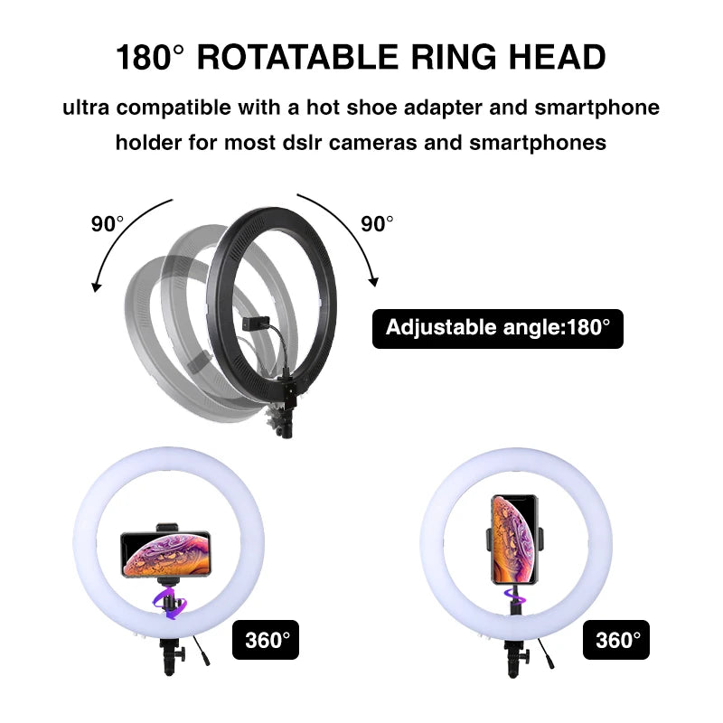 Black circular LED ring light with 180-degree tilting head and smartphone mount for cameras and phones.
