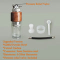 Portable coffee maker with wood grain body, glass cylinder, barometer, pressure relief valve, and 42mm powder bowl.