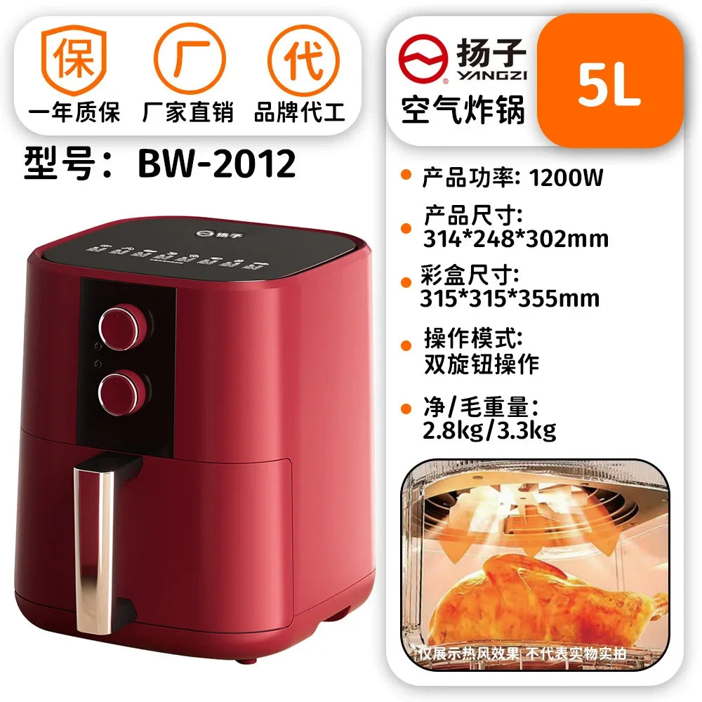 Red 5L countertop air fryer with viewing window and two round control knobs