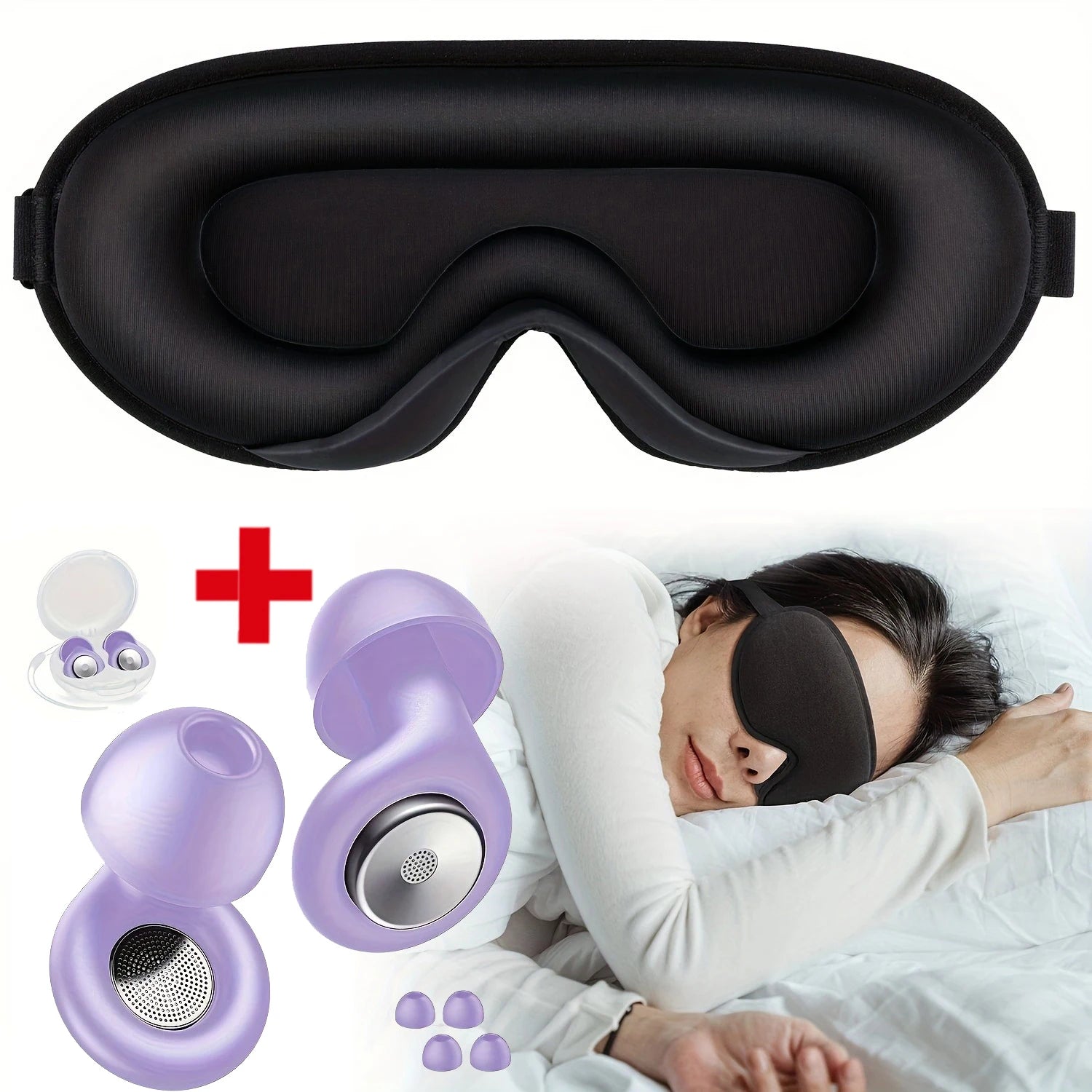 3D Sleep Mask with Integrated Earplugs - Ergonomic Light Blocking Purple Tidesmit