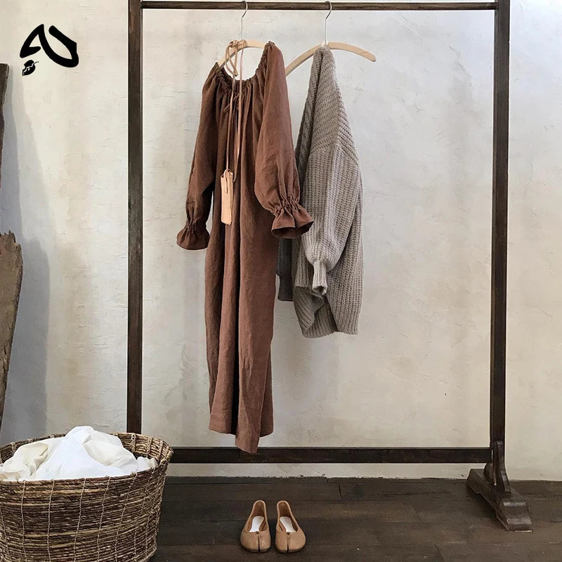 Original New Spring Vintage Cotton Linen Dress for Women Solid Long Sleeve Drawstring Linen One-Piece Dress Maxi Dress