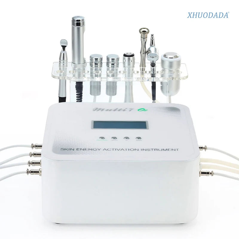 7-in-1 multifunctional hydro ultrasonic RF skin management machine with silver wands and white control console.