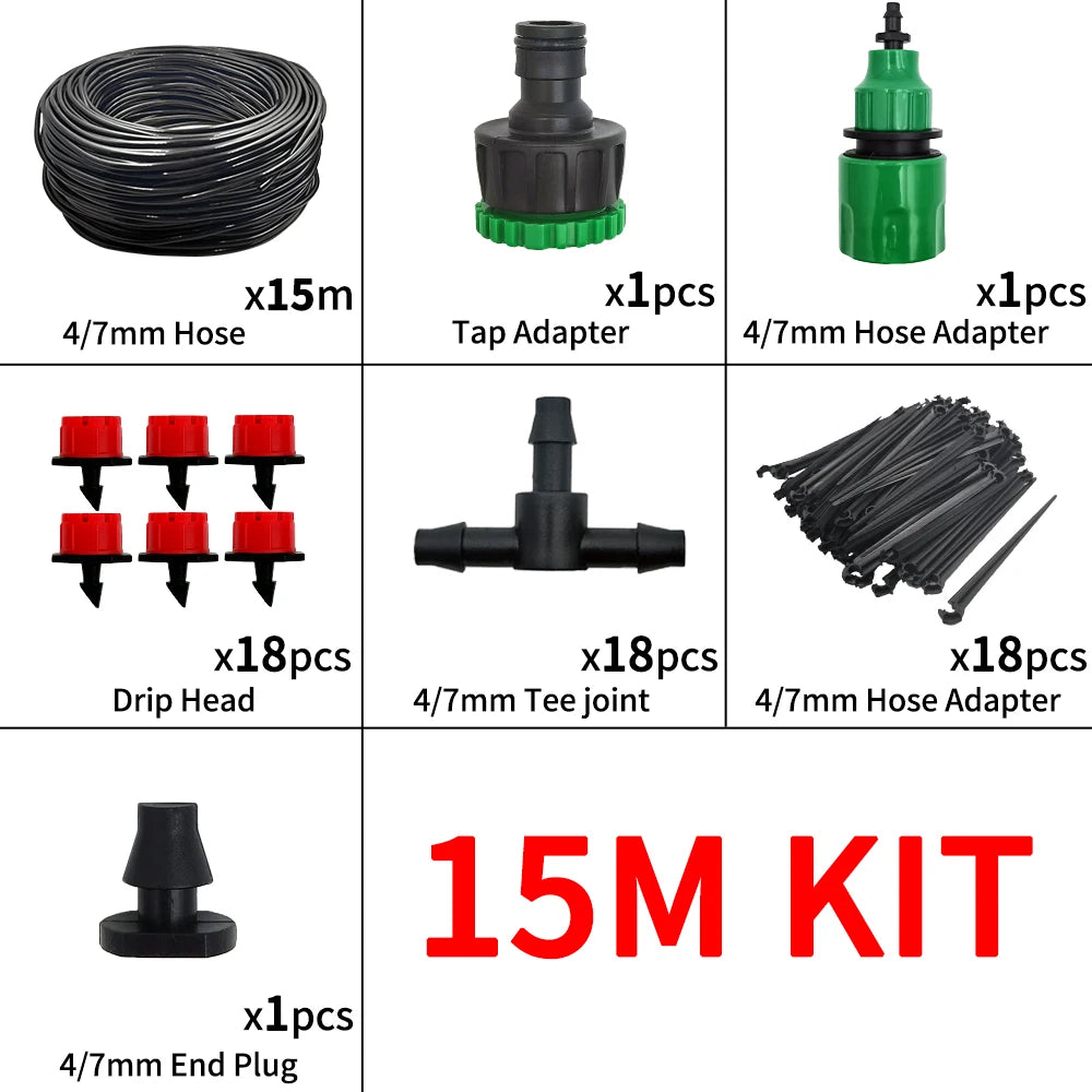 15M micro drip irrigation kit parts: black 4/7mm hose, tap adapter, tee joint, drip heads