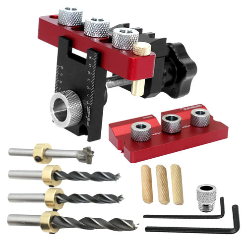 Red and black dowel and pocket hole jig with metal bushings, drill bits, dowels, screws, hex key