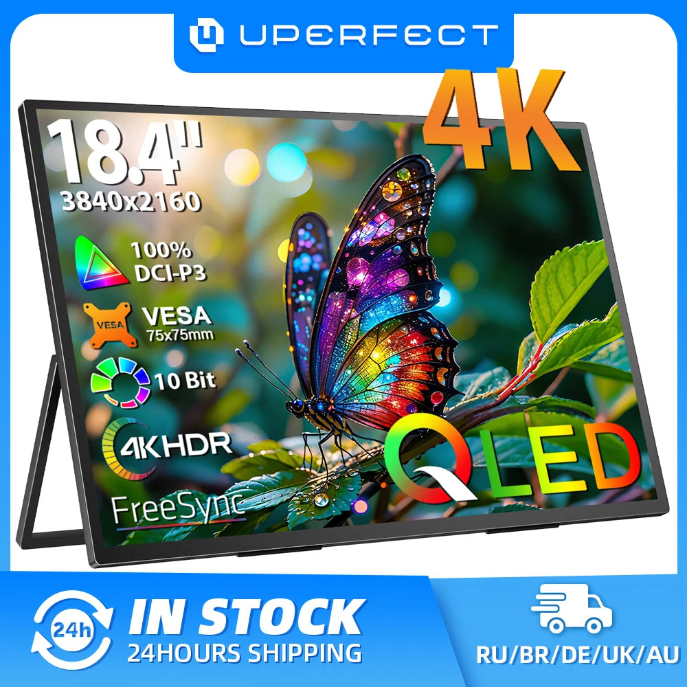 UPERFECT 18.4'' 4K Portable Monitor QLED 100% DCI-P3 UHD FreeSync HDR 2 Speakers Eye Care Travel Gaming Display For PC Phone