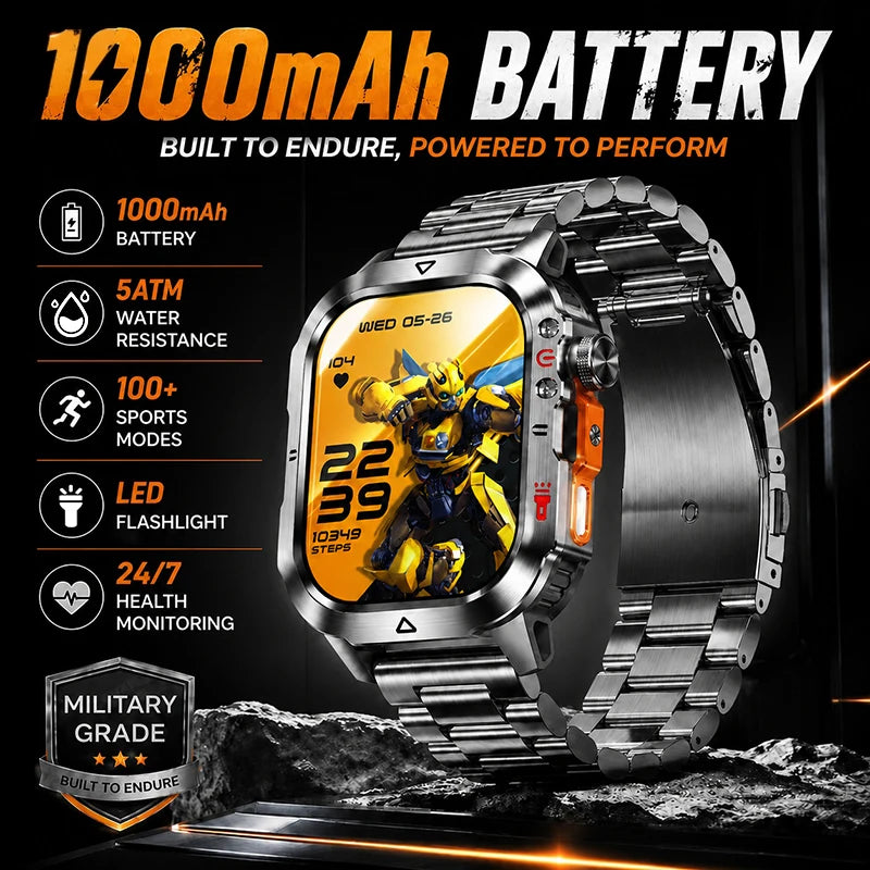New 1000 MAh Battery Military Smartwatch 2.01" AMOLED Screen 5ATM Waterproof Fitness Tracker Sports Smart Watch For Android iOS