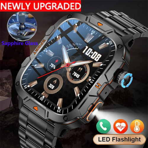 Black military-style smartwatch with orange accents and textured metal band, round AMOLED screen.