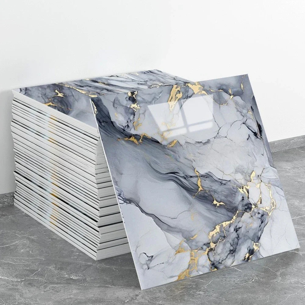 Grey marble-look 3D wall sticker sheets with gold veining, stacked for home renovation