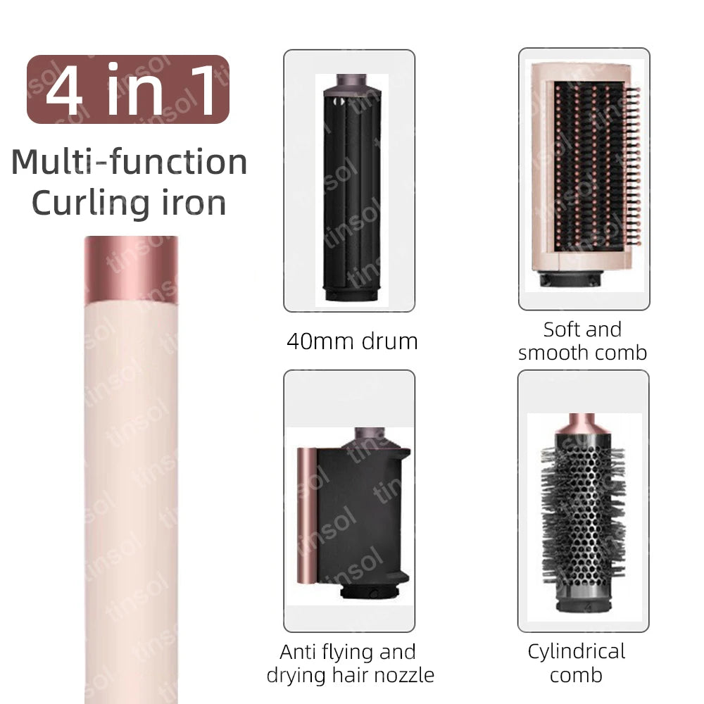 Rose gold 4-in-1 hair dryer set with curling iron, smoothing brush, drying nozzle, and round styling comb.