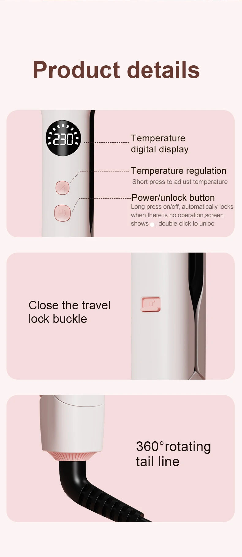 White hair straightener with digital temp display, travel lock, and 360-degree swivel cord for professional styling.