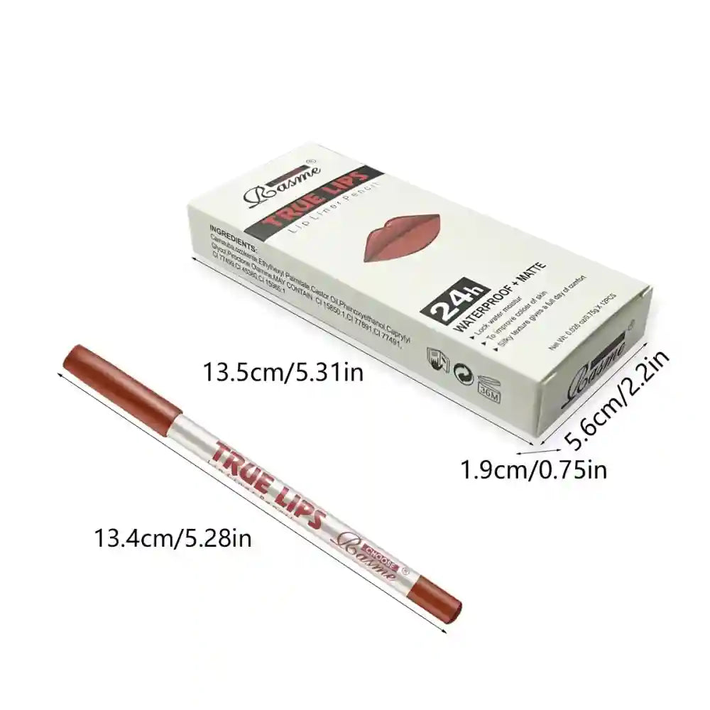 12pc waterproof matte lip liner set by Basme with long-lasting, silky brown pencil for professional lip makeup.
