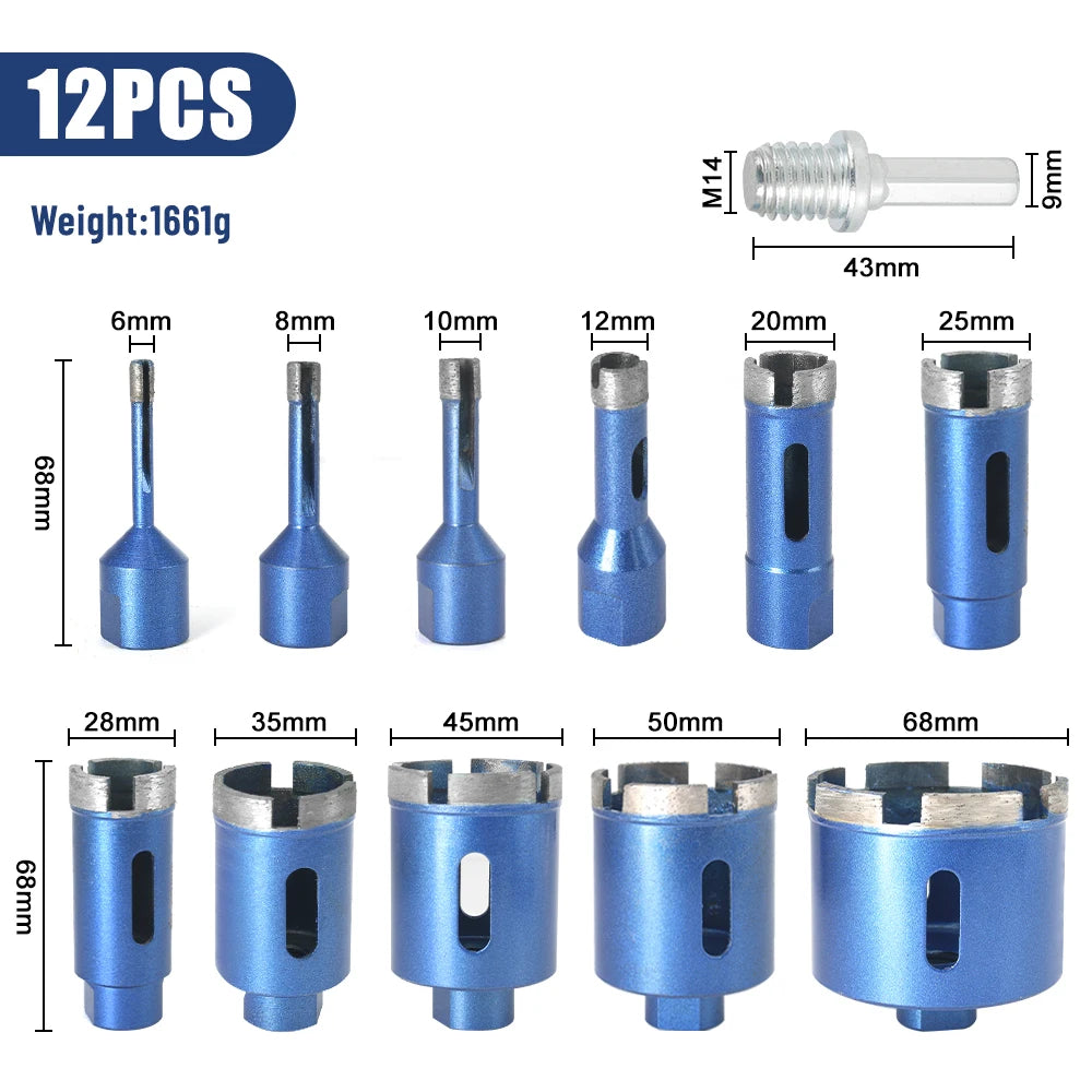 12-piece blue diamond hole saw bit set with size labels and M14 thread