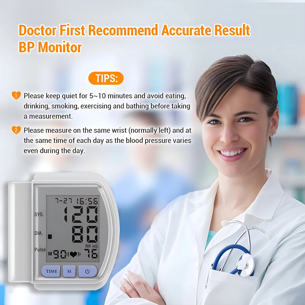 Wrist Digital Blood Pressure Monitor, Heart Rate Pulse Meter, Portable Sphygmomanometer Tensiometer for Home Use
