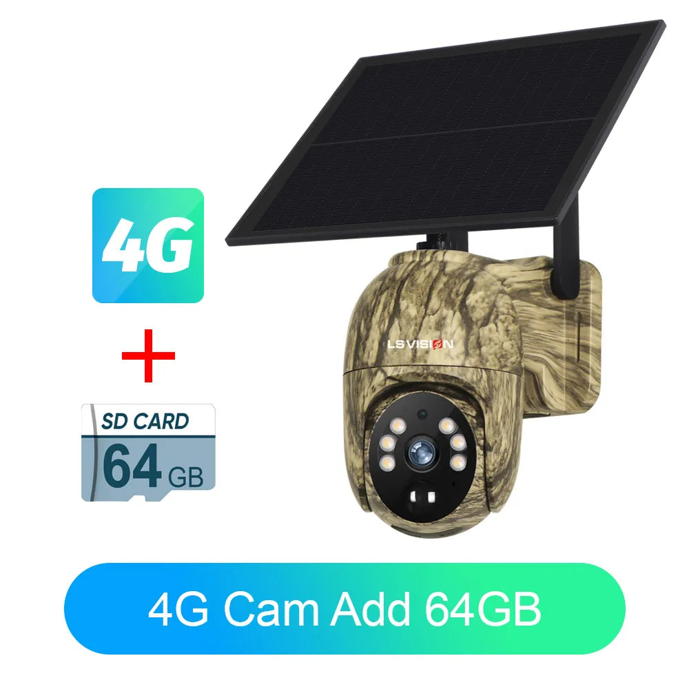 LS VISION camouflage solar security camera with 4G icon and included 64GB SD card