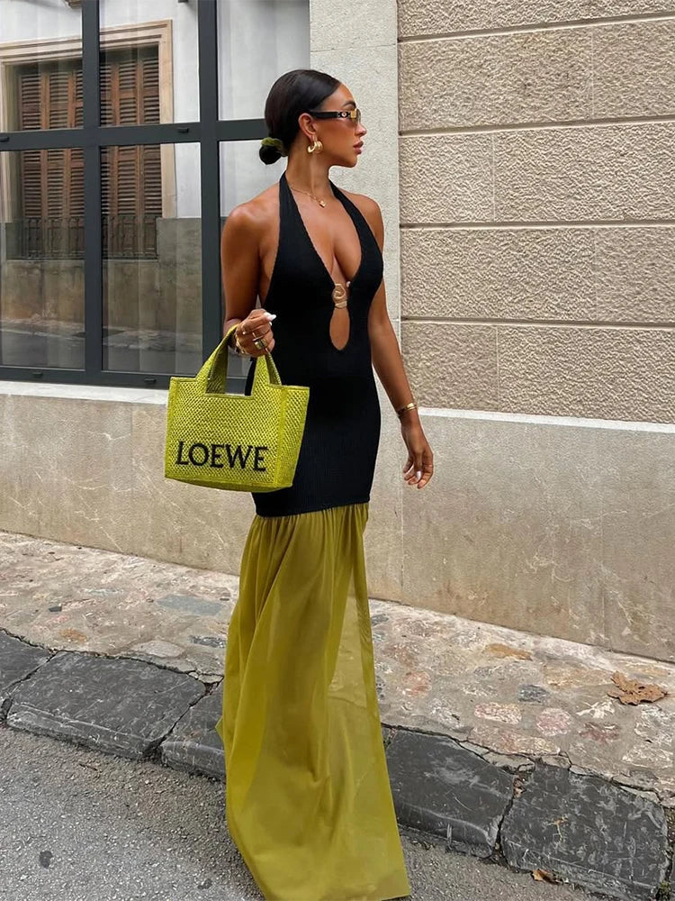 Kliou Halter Patchwork Maxi Dress Women Elegant Contrast Colors Draped Backless Low Neck Sheath Robe Mujer High Street Vestidos