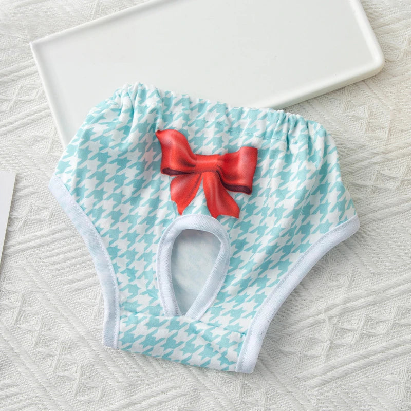 Reusable blue houndstooth dog diapers with red bow, washable physiological sanitary panties for small female dogs or cats.