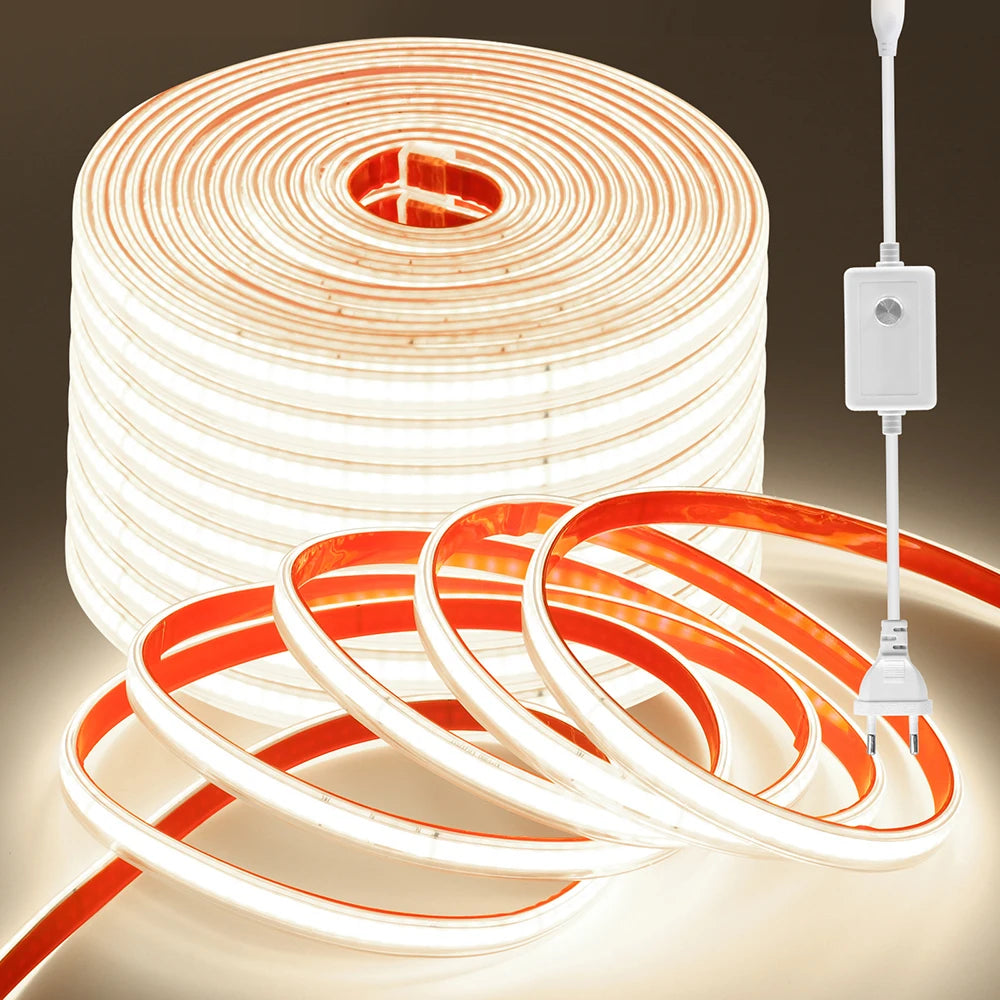 220V 10 Colors Dimmable COB LED Strip Light 240 LEDs Flexible Tape Dimmer EU Power Plug Kit TV Night Lights Home Linear Lighting