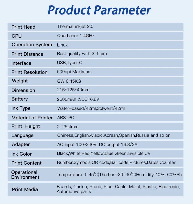 Handheld inkjet printer specifications panel with print distance, resolution, and ink settings