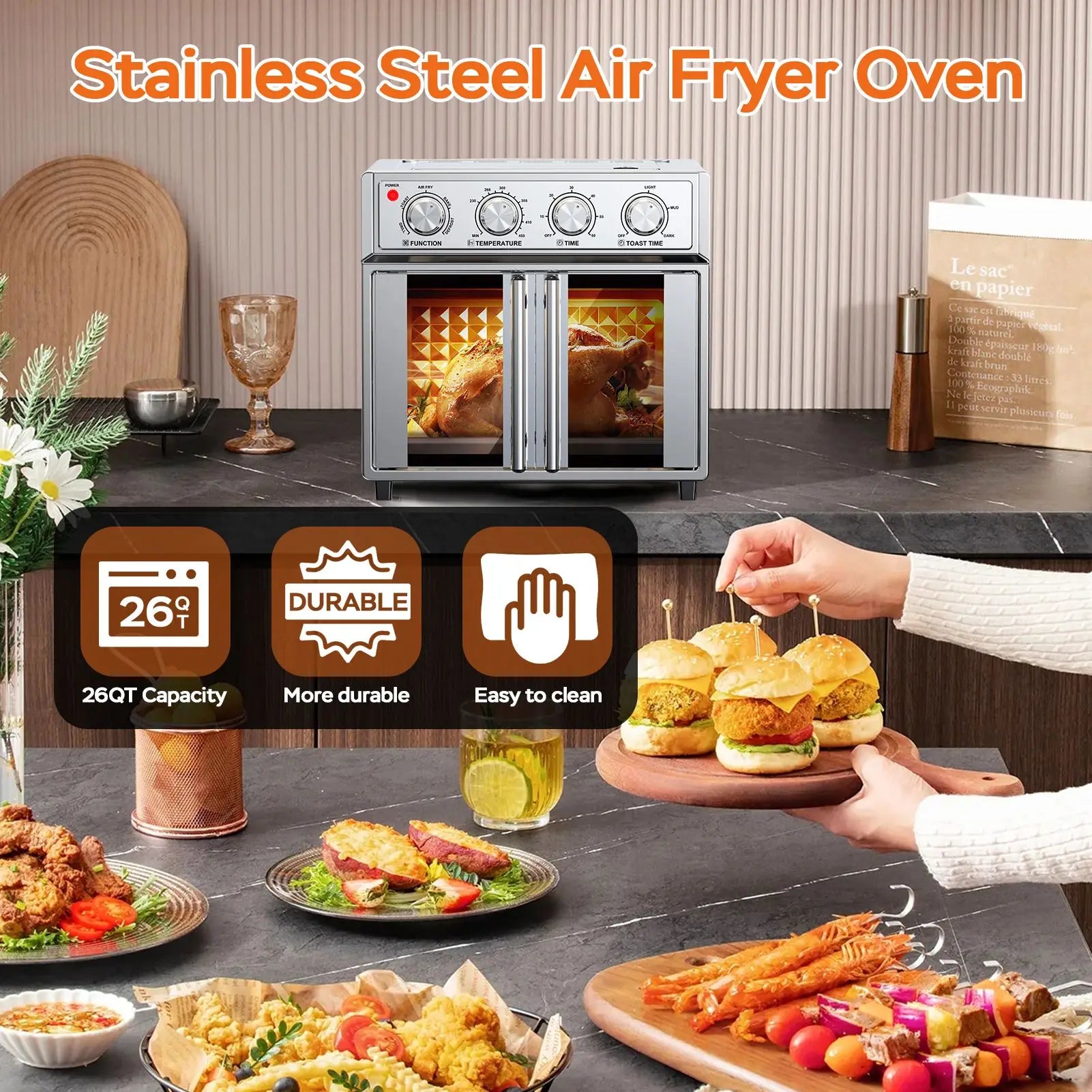 29.5 QT French Door Air Fryer Convection Toaster Oven, Extra Large 6 Slices, 1700W, Multifunction Oven for Air Fryer, Toast, Grill, Defrost, Bake, Time and Temperature Controls, Silver
