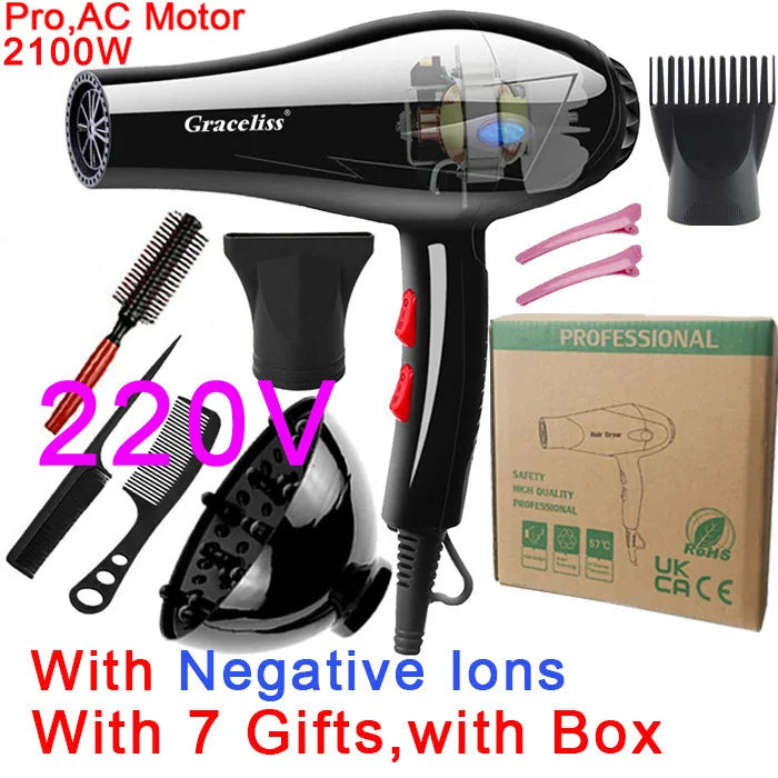 Black 2100W professional hair dryer with EU plug, attachments, combs, and clips for salon and home styling.