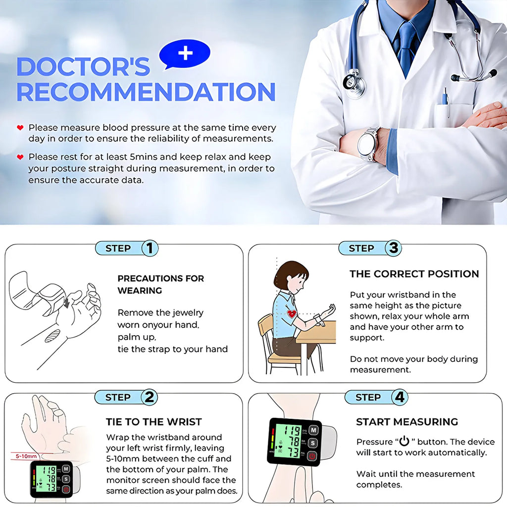 Wrist-Type Blood Pressure Monitor LED Digital BP Automatic Pressure Tonometer Heart Rate Pulse Test Sensor Tensiometer