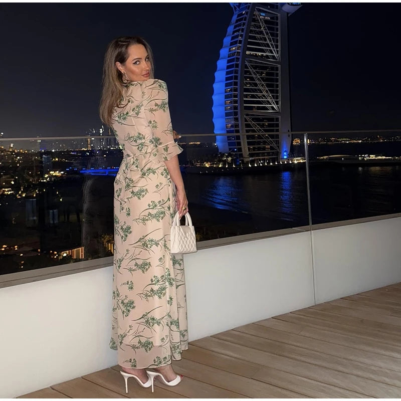 Printed Lace Patchwork Maxi Dress Women V-Neck Half Sleeve Single Breasted Lace Up Long Dresses 2026 Summer All-match Lady Robes
