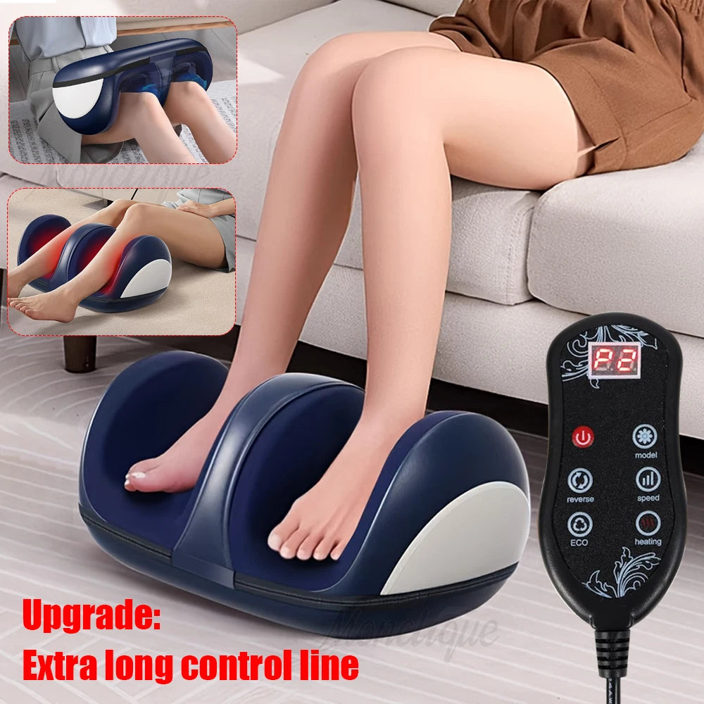 Blue electric heated foot and calf massager for deep tissue kneading, featuring a remote control for home muscle relief.