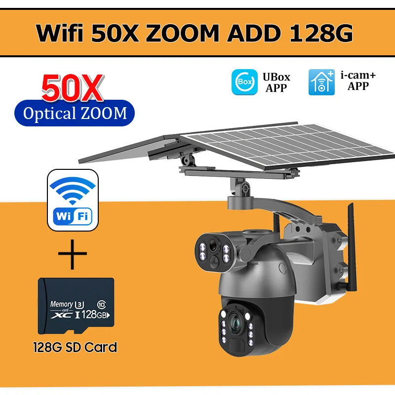 WiFi solar PTZ security camera, dual-lens, solar panel; includes 128GB SD card