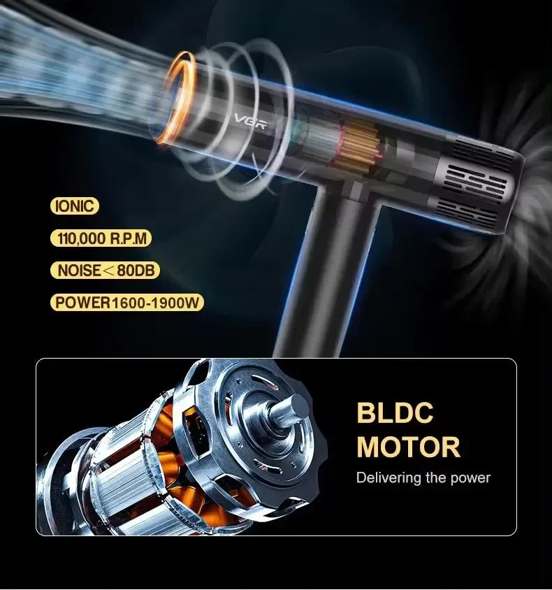 VGR V-427 professional ionic hair dryer with 110k RPM brushless motor for fast salon-quality drying and low noise.