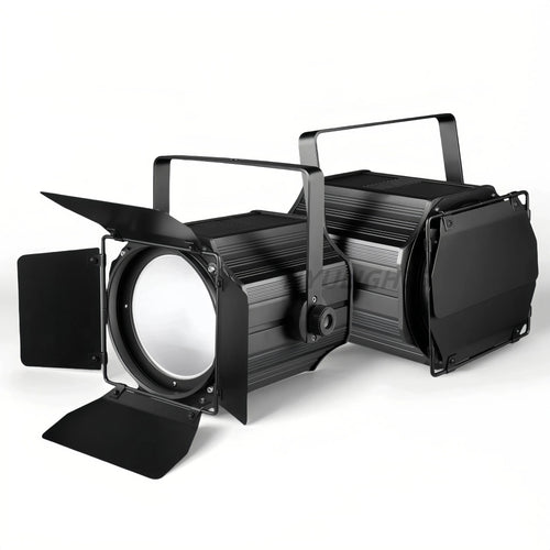 Black LED stage par light with barn doors and carry handle, front circular lens