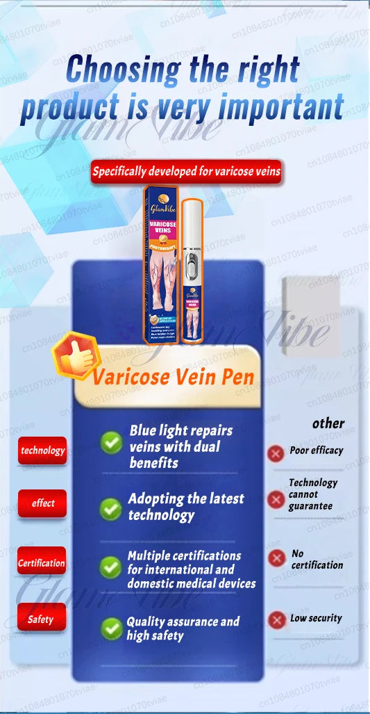 Varicose vein pen with blue light therapy in orange box, designed for treating leg veins.