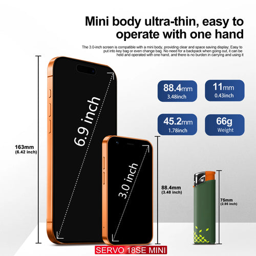 Orange SERVO 18SE mini smartphone comparison, 3-inch HD display, compact portable Android phone features and dimensions.