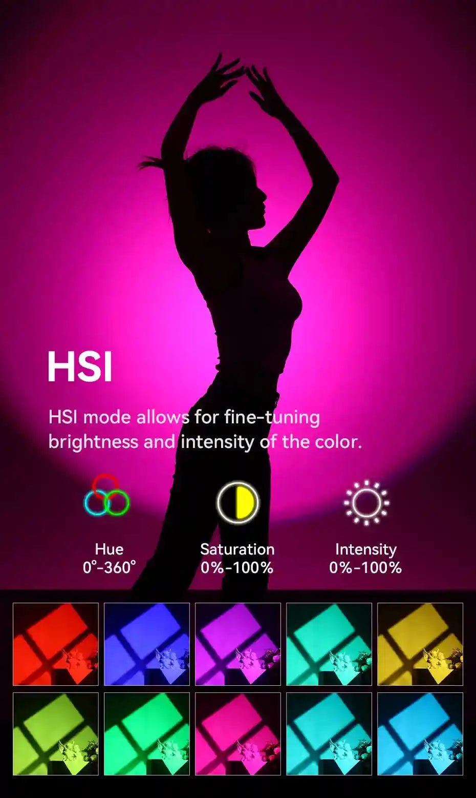 LED light panel with HSI mode for adjustable color, saturation, and brightness, shown casting various colored lights.