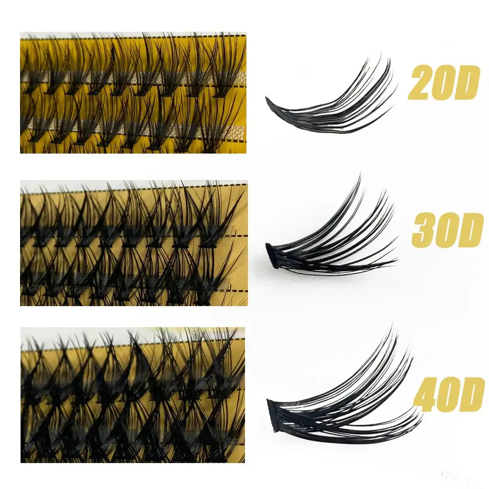 Three rows of black 20D, 30D, and 40D individual cluster mink eyelash extensions on yellow adhesive strips.