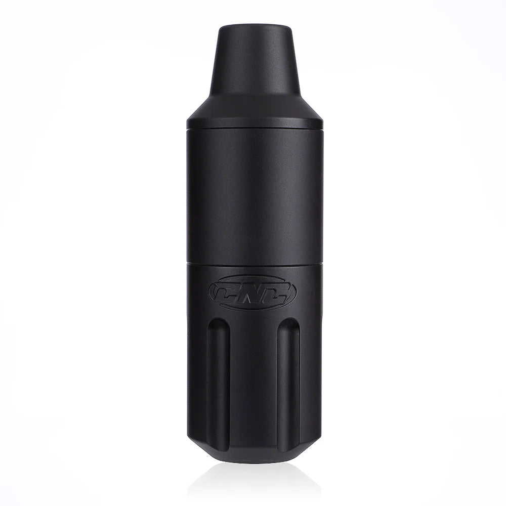 Matte black CNC-machined tattoo machine grip with a textured, grooved handle for ergonomic control.