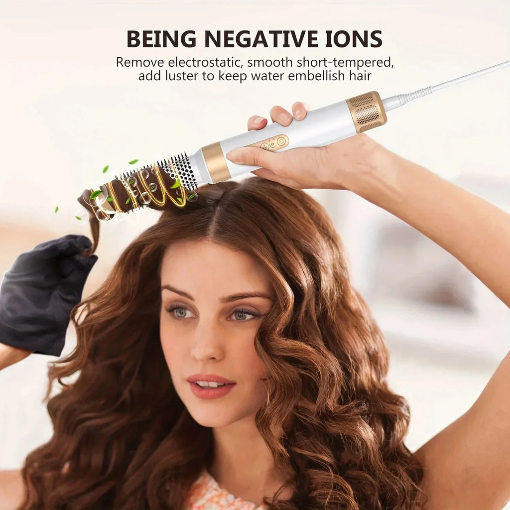 White and gold 7-in-1 ionic hair dryer brush styling tool curling hair for a smooth, professional salon finish.