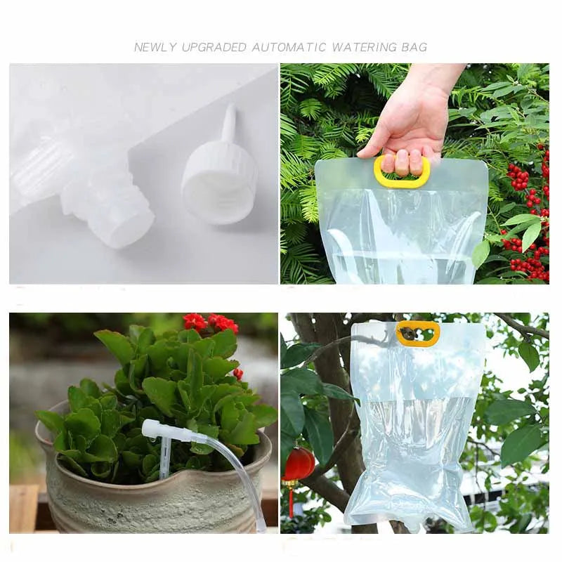 Automatic plant watering bag with yellow handle and clear tubing drip kit
