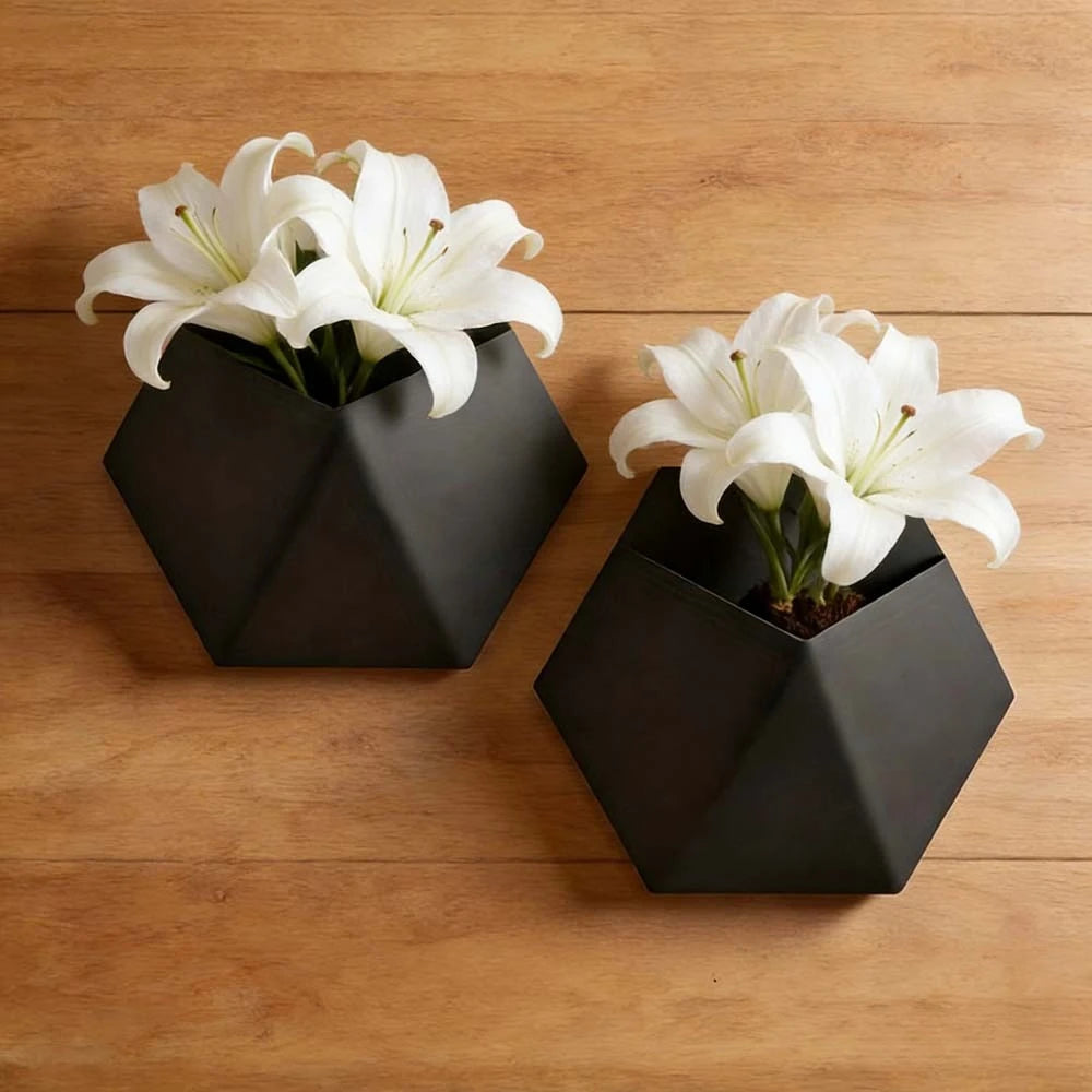 Two black hexagonal wall planters holding white lilies on a wooden wall.