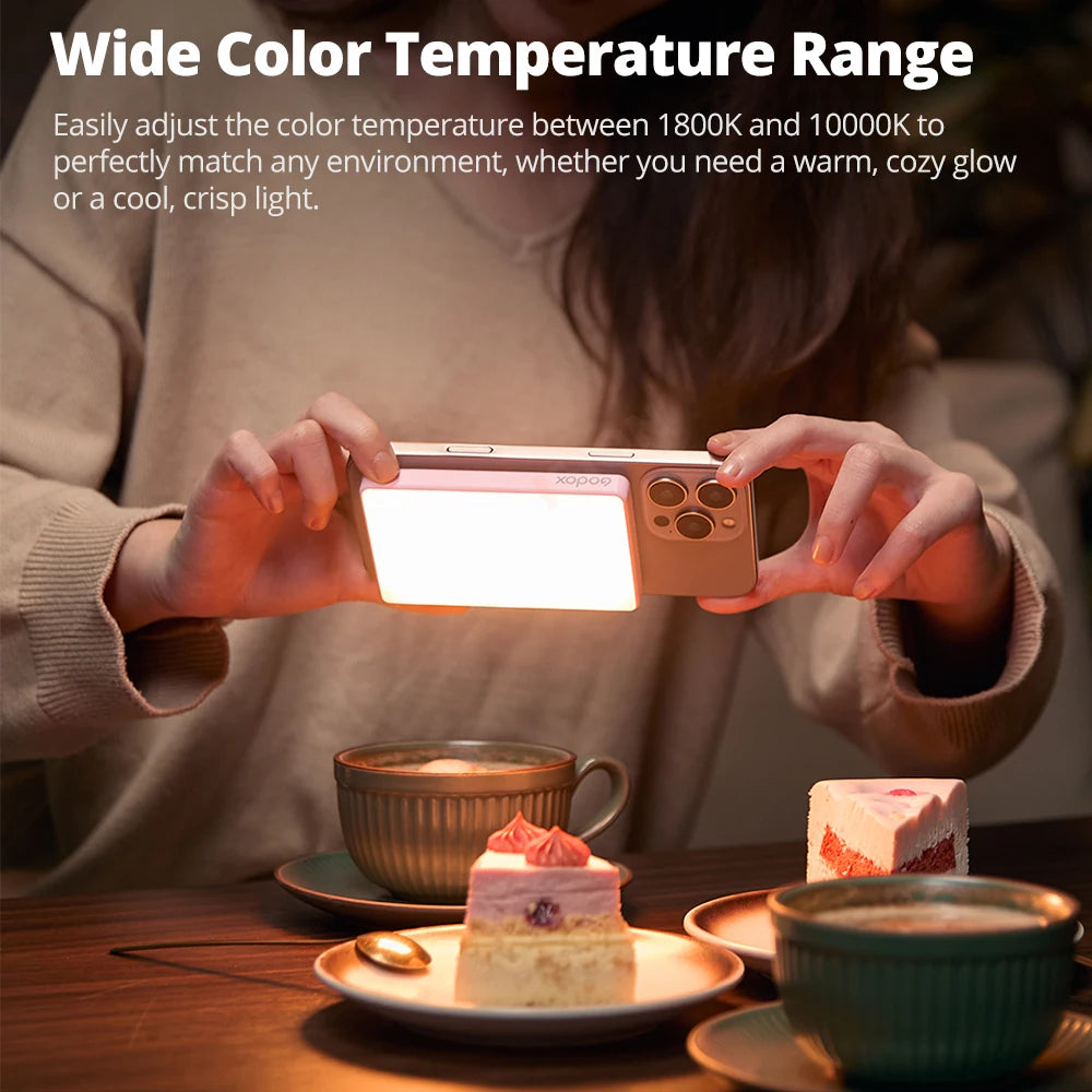Small rectangular pink LED light attached to a smartphone for illuminating food photography.