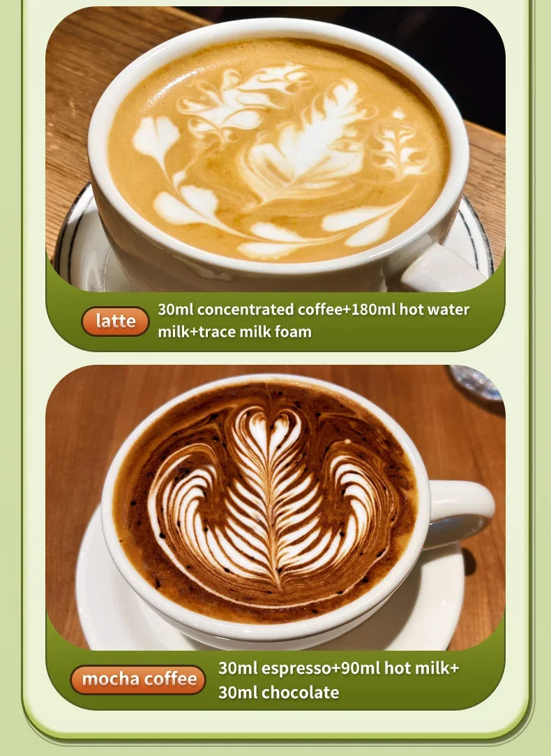Latte and mocha coffee drinks with professional latte art served in classic white ceramic cups on wooden table.