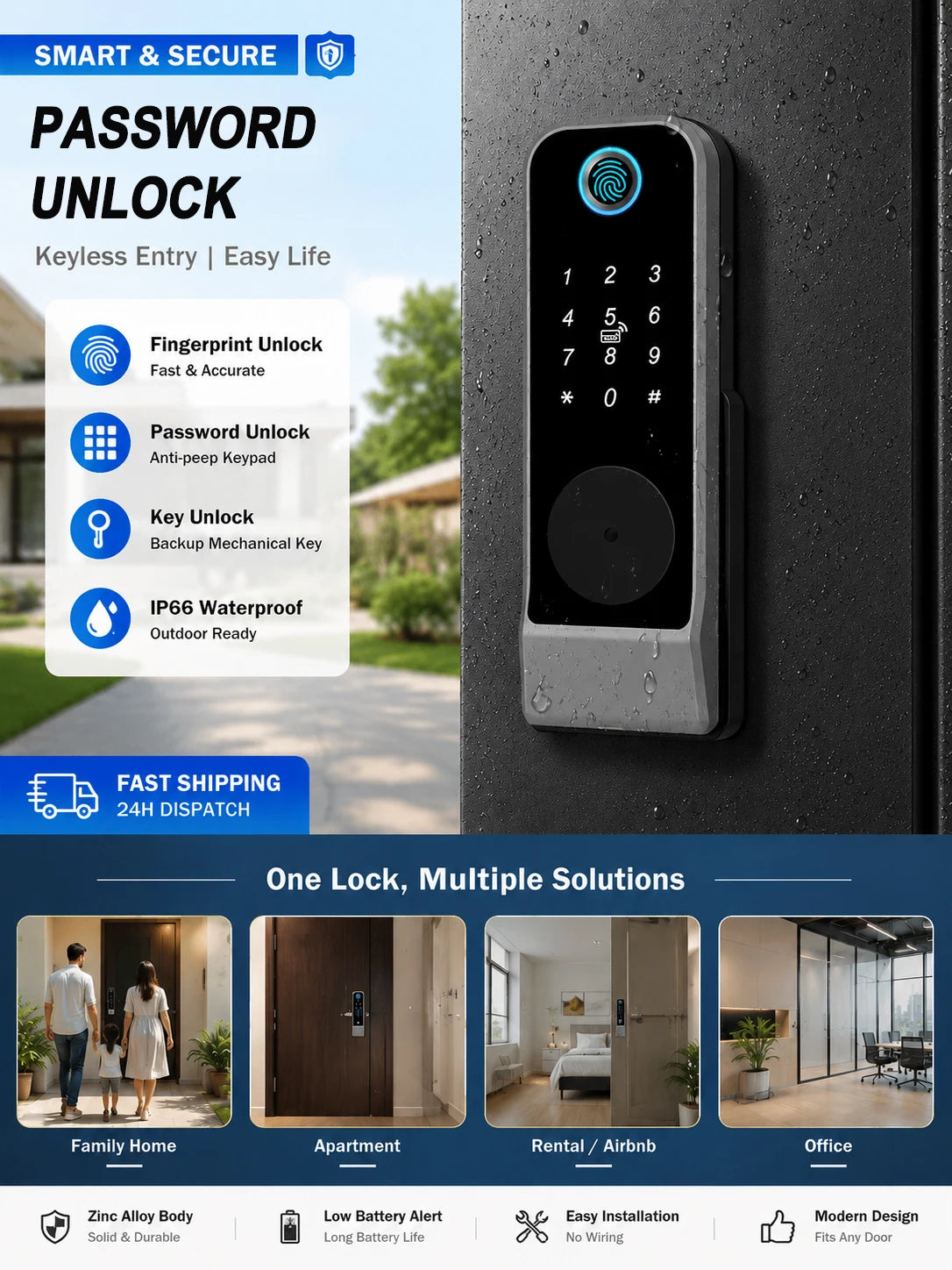 Waterproof Outdoor Smart Door Lock Tuya WiFi Fingerprint Password IC Card TTLock APP Alexa Google Home Entry Electronic Rim Lock