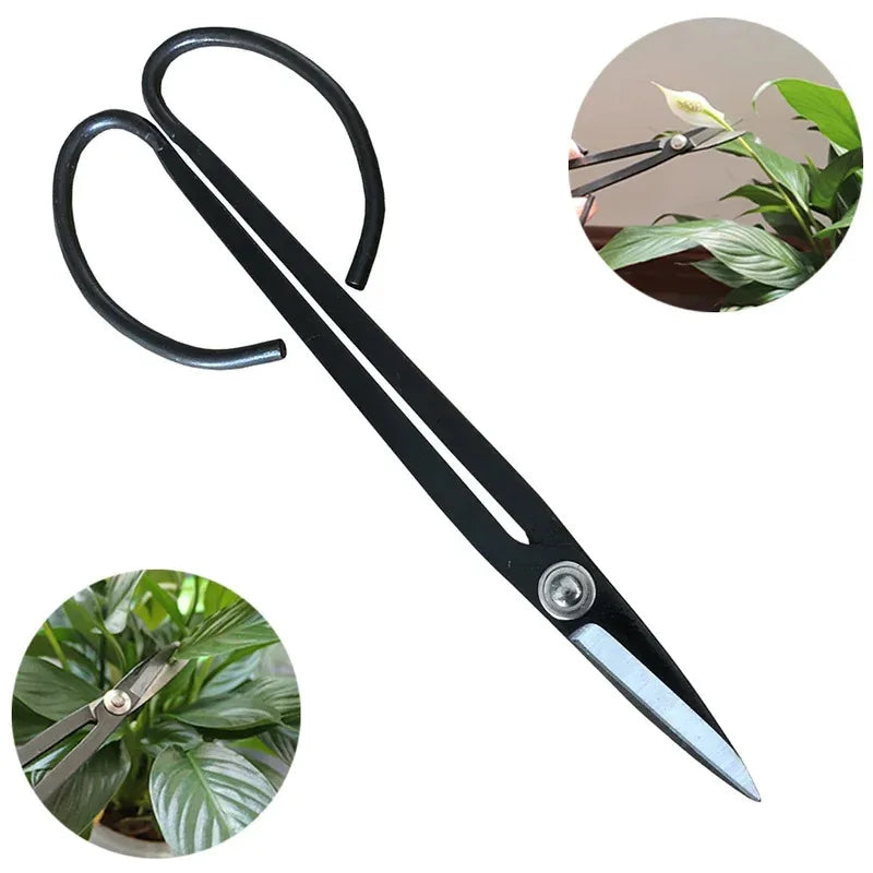Long-handled pruning scissors with black handles and silver steel blades