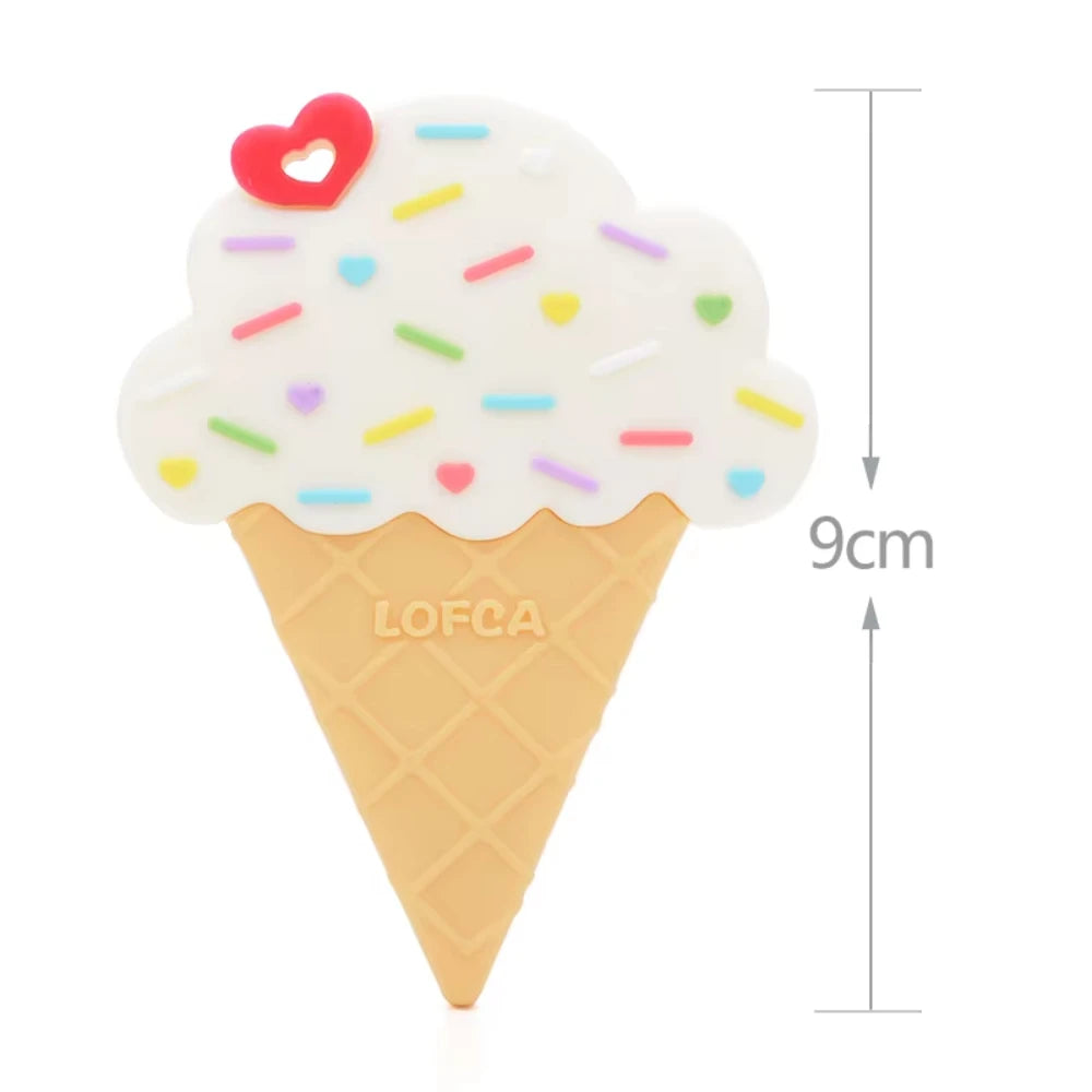 White and tan silicone ice cream baby teething toy for soothing sore gums.
