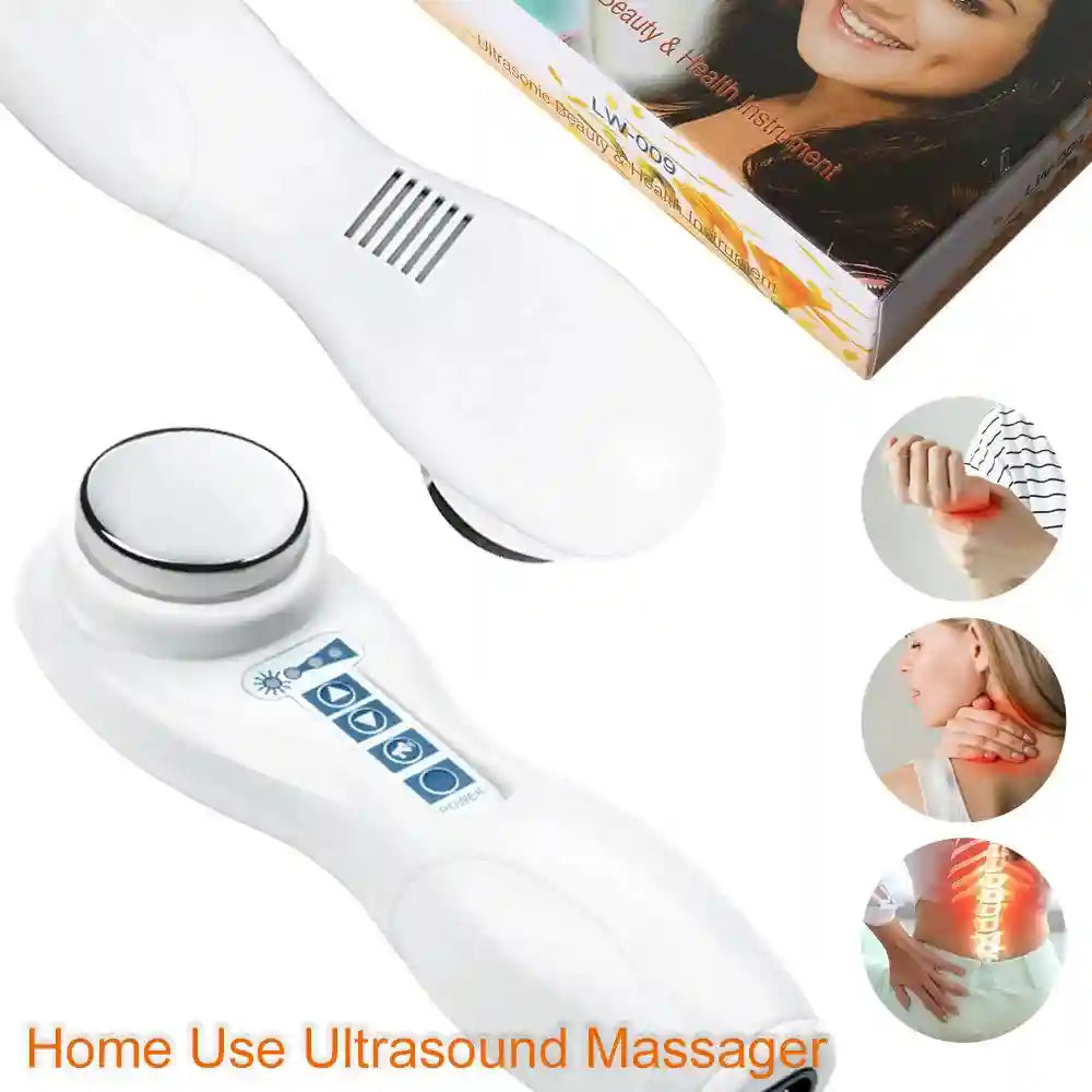 White portable ultrasound therapy massager for arthritis and physical pain relief with control buttons and device box.