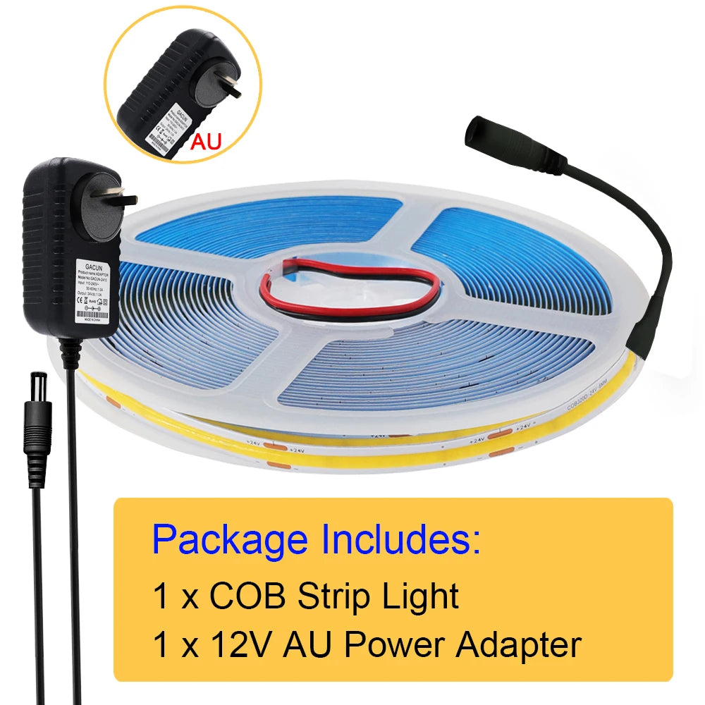 COB LED strip kit with 12V AU power adapter and power cable