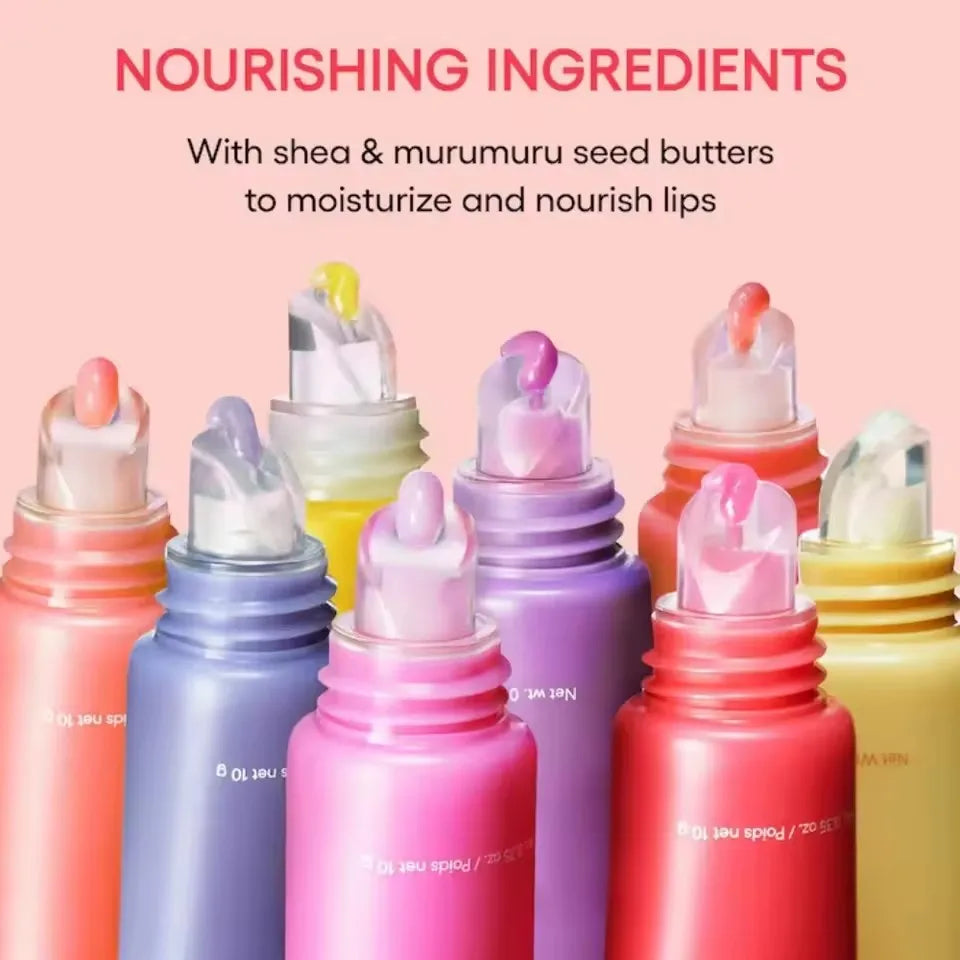 Colorful Laneige lip sleeping mask tubes with hydrating, fruit-scented balm textures in various vibrant shades.