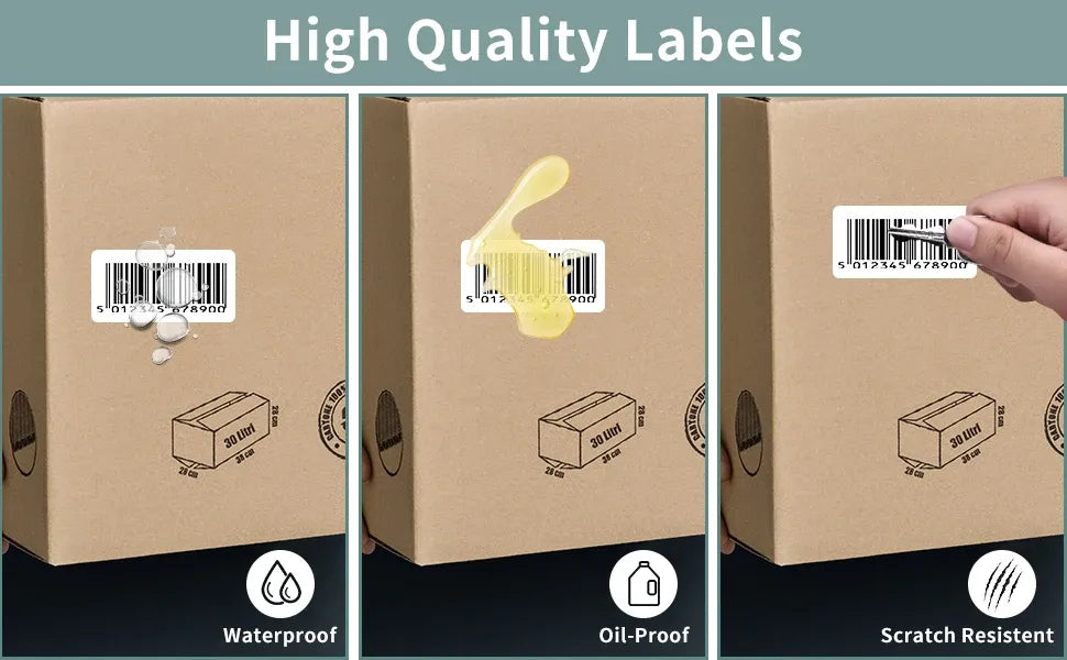Self-adhesive thermal barcode labels, white, shown on shipping boxes with barcode