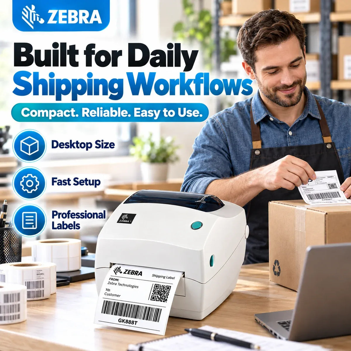 Desktop label printer printing a shipping label on a cardboard box at a work area