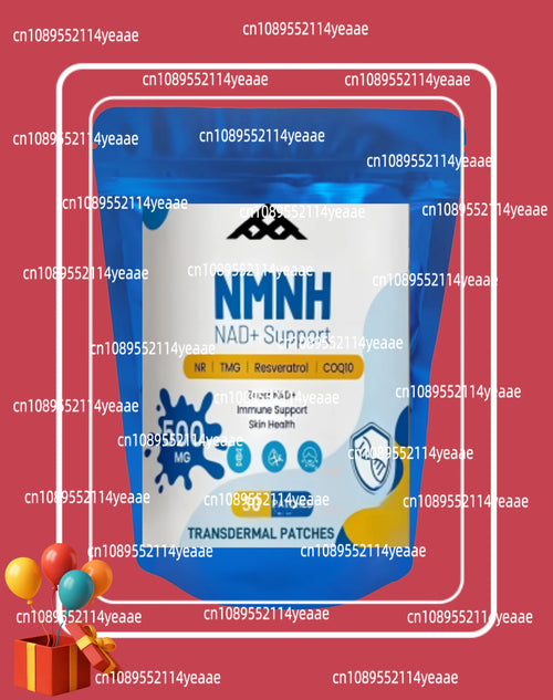 NMNH 500mg anti-aging transdermal patches in a blue and white resealable supplement pouch.