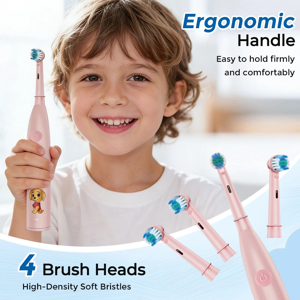 Children's Electric Toothbrush with 4 Replacement Heads Cartoon Kids Electric Toothbrush 5 Cleaning Modes Round Head Rotating